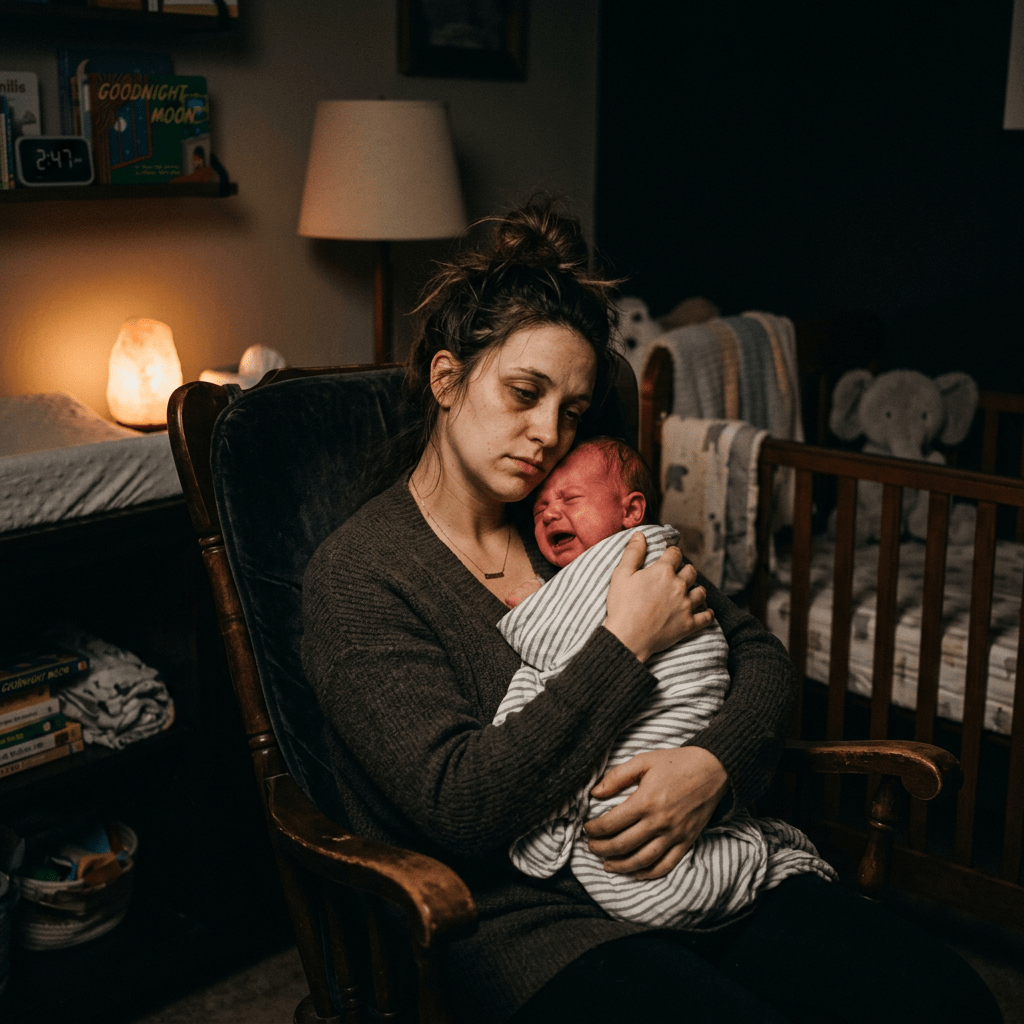 A tired mother holding a crying baby wrapped in a striped blanket in a softly lit nursery