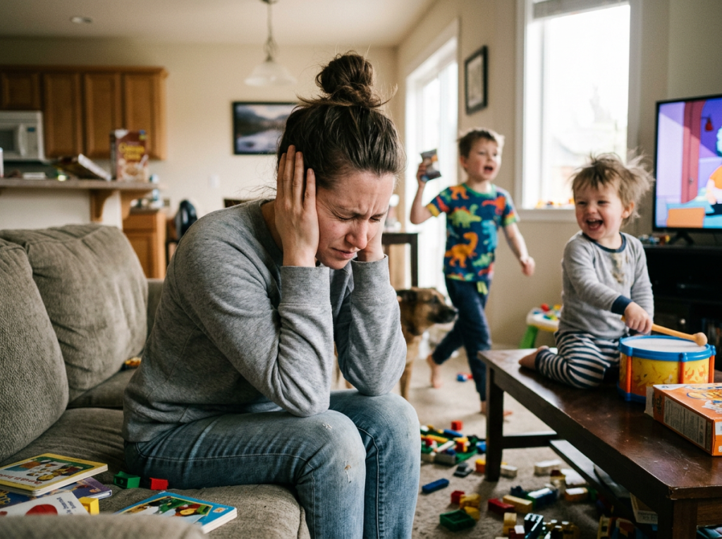 Mother covering ears in stress while children play loudly nearby